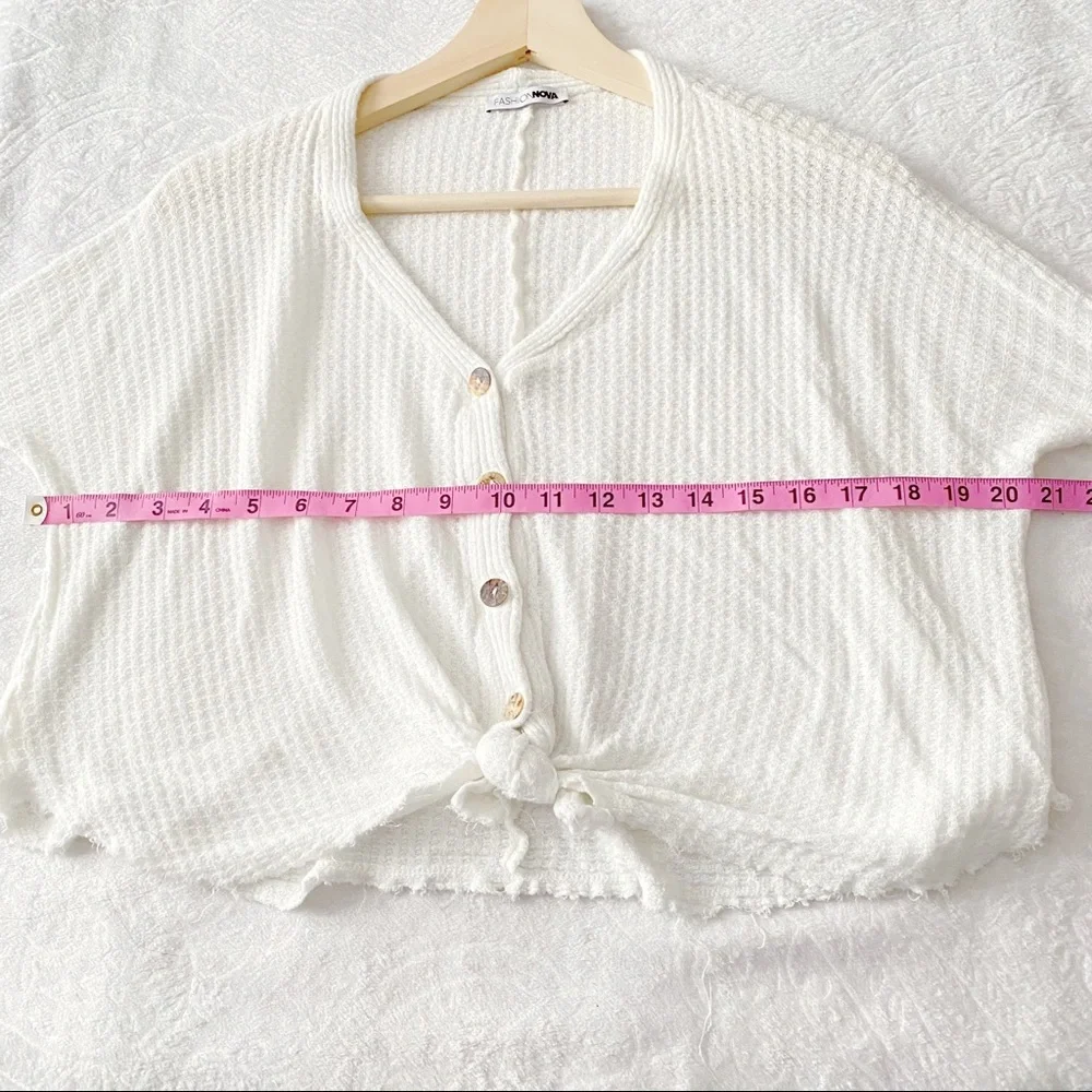 Fashion Nova White Cropped Tied Waist Button Down Waffle Top